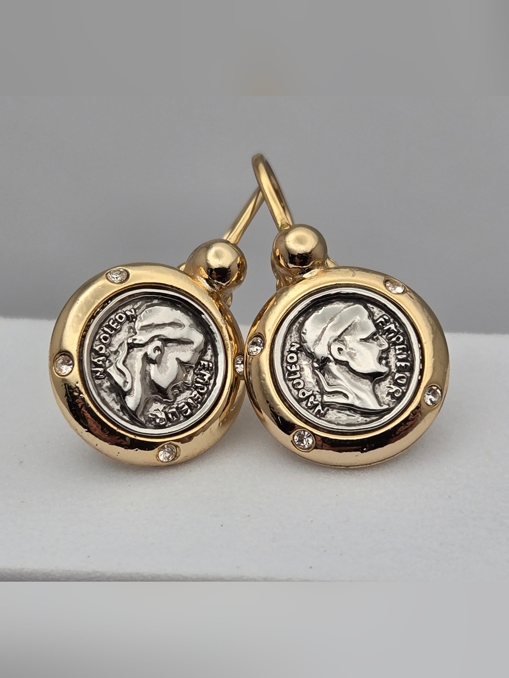 Napoleon Coin Earrings Two Tone Leverback Rhinestone Accents 1" New